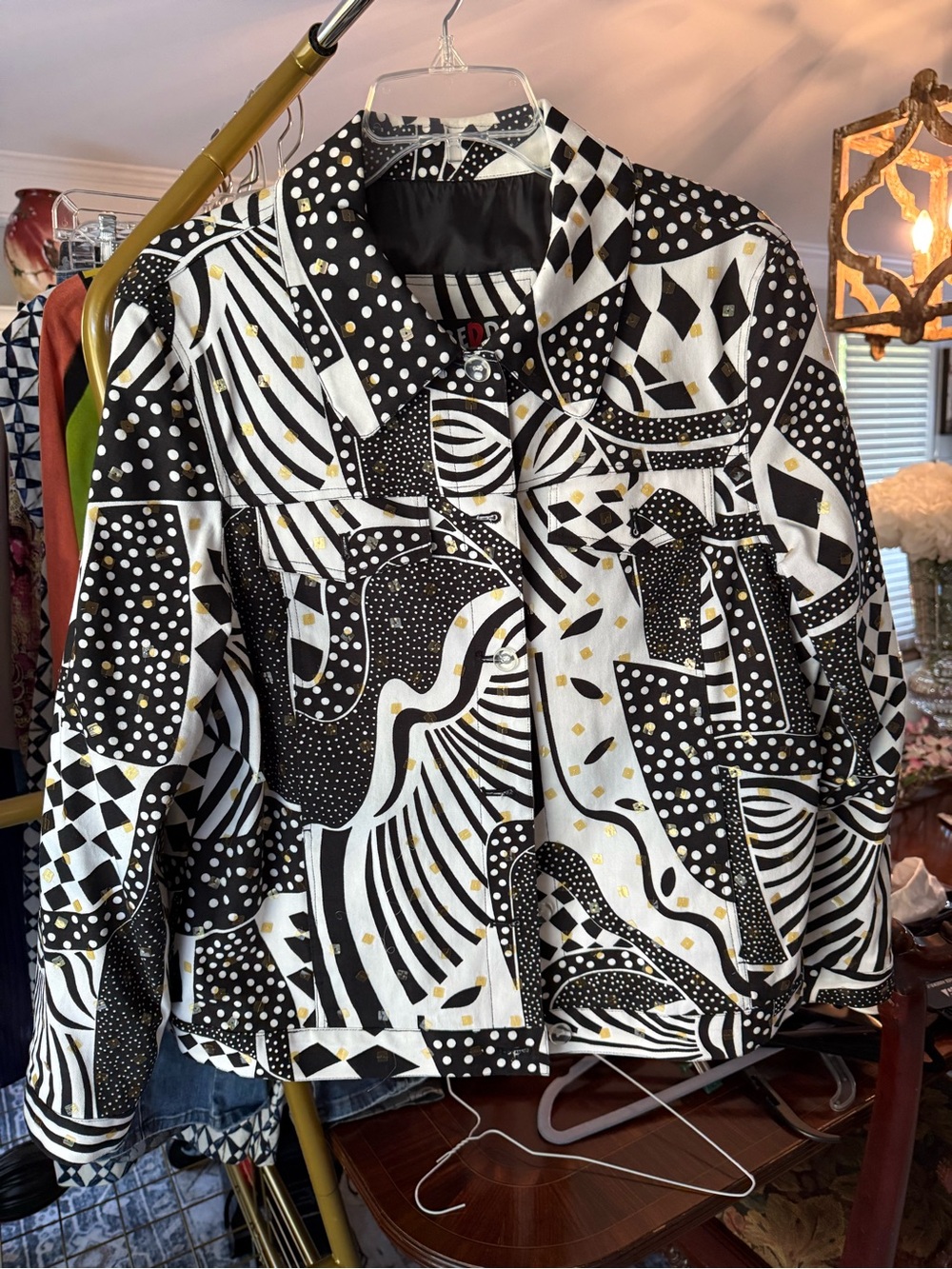 Redd Black & White Graphic Jean Jacket with Gold Dot Accents